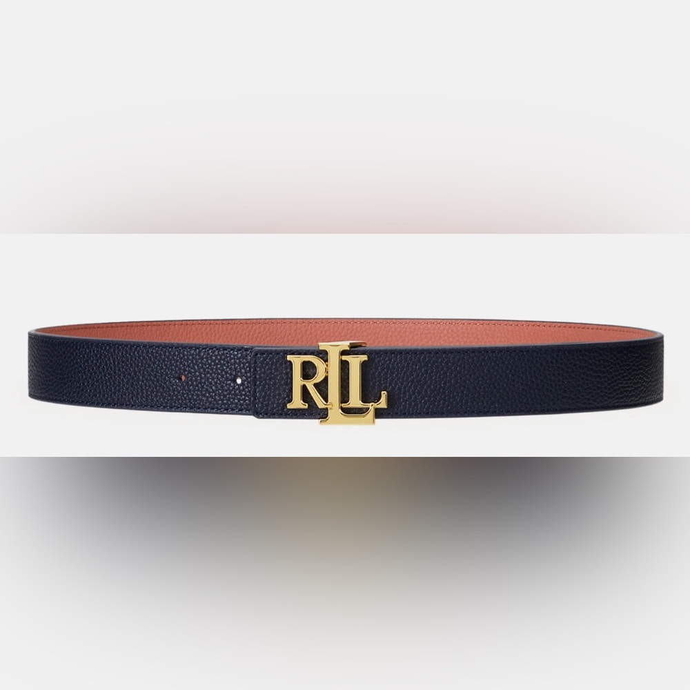 Lauren Ralph Lauren Logo Reversible Leather Skinny Belt Navy